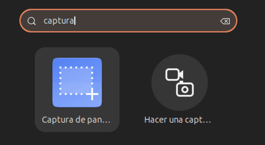 Resultados de búsqueda en Ubuntu mostrando opciones para cómo hacer captura de pantalla Linux: selección de área y captura completa de pantalla.