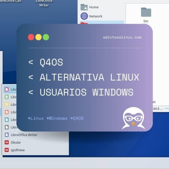 Captura de pantalla del escritorio Q4OS con una ventana superpuesta que pregunta si es la mejor alternativa Linux para usuarios de Windows.
