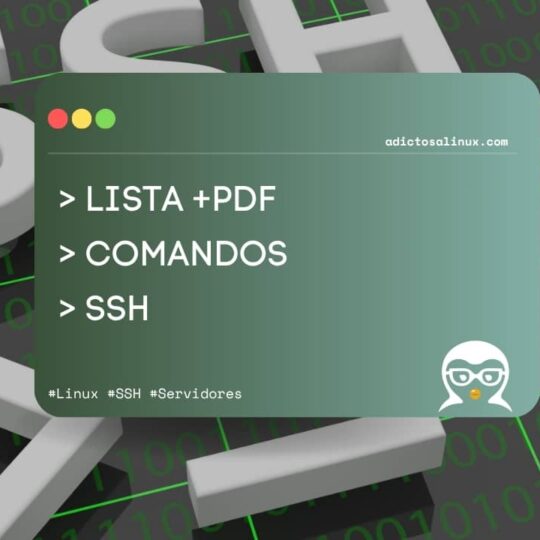Una tarjeta digital sobre un fondo de código binario anuncia una lista y un PDF de comandos SSH para la administración de servidores.