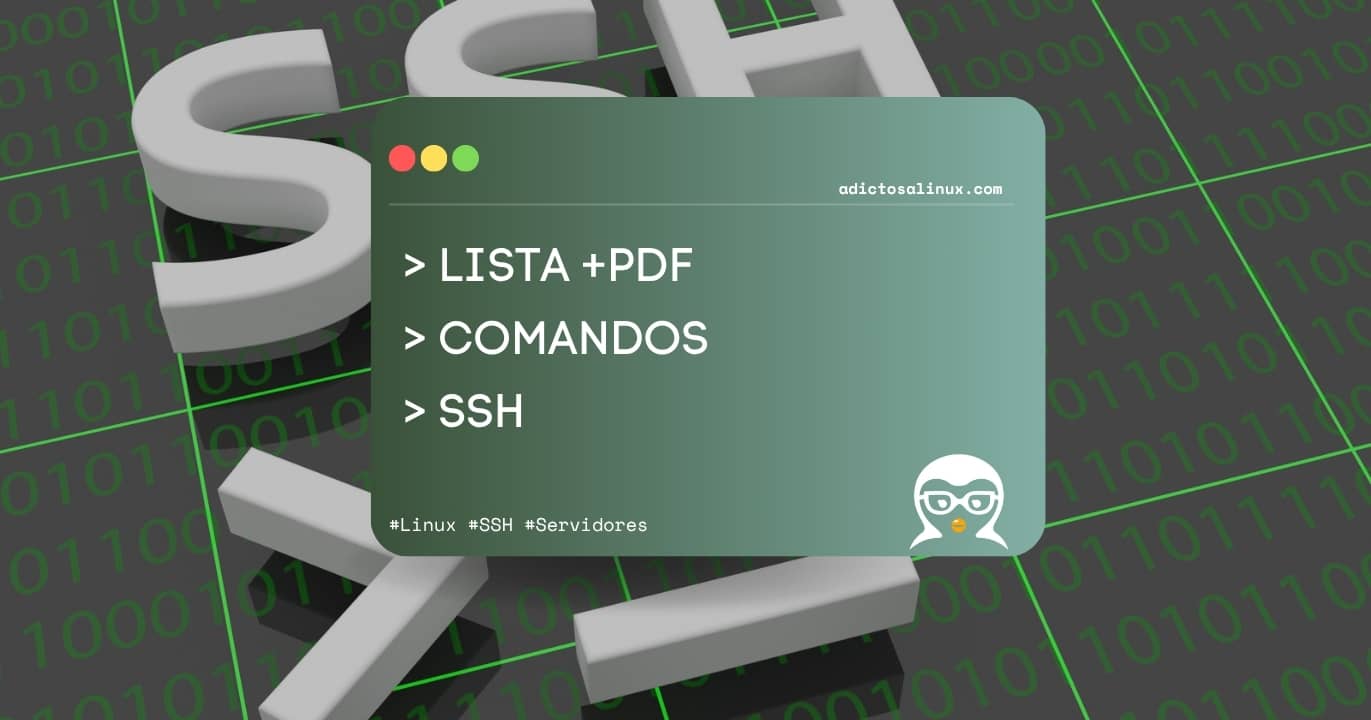 Una tarjeta digital sobre un fondo de código binario anuncia una lista y un PDF de comandos SSH para la administración de servidores.