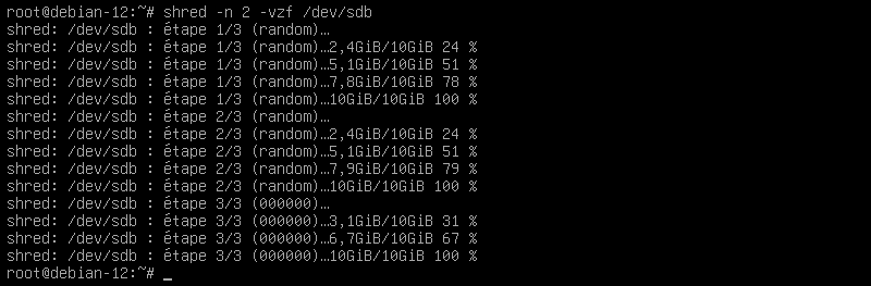 Captura de pantalla de una terminal Linux mostrando el comando shred en ejecución, sobrescribiendo un disco (/dev/sdb) con múltiples pasadas de datos aleatorios.