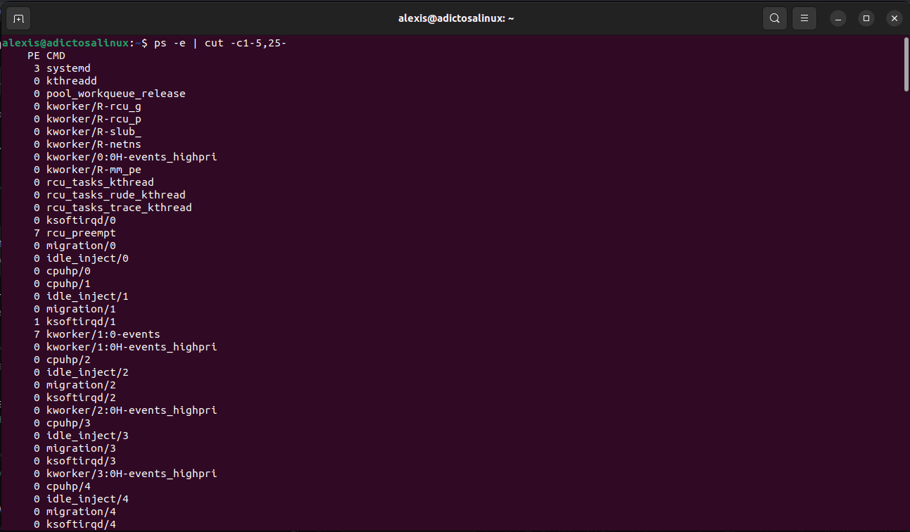 Captura de pantalla de una terminal Linux mostrando la ejecución del comando ps e | cut -c1-5,25- para mostrar parte de la información de los procesos, usando la tubería y el comando cut.