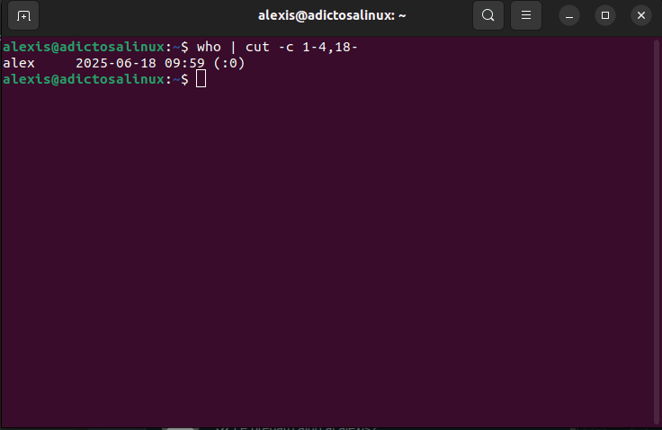 Captura de pantalla de una terminal Linux mostrando el comando who | cut -c 1-4,18- que extrae los primeros cuatro caracteres y desde el carácter 18 hasta el final de la salida del comando who