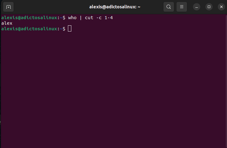 Captura de pantalla de una terminal Linux mostrando el comando who | cut -c 1-4 que extrae los primeros cuatro caracteres de la salida del comando who
