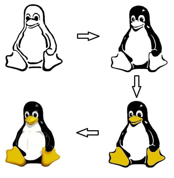 Secuencia de ilustraciones del pingüino Tux, la mascota de Linux, mostrando su evolución desde un boceto en blanco y negro hasta su versión final a color.