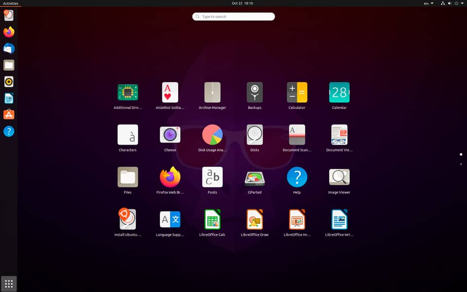 Captura de pantalla del escritorio de Ubuntu mostrando una variedad de iconos de aplicaciones.