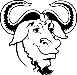 Logotipo de GNU, que muestra la cabeza de un gnu de dibujos animados en blanco y negro.
