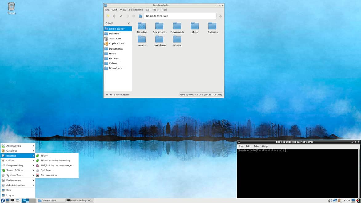 Captura de pantalla del entorno de escritorio LXDE mostrando el menú de aplicaciones, el panel y una ventana del explorador de archivos con un fondo de un paisaje.