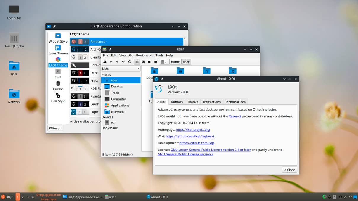 Captura de pantalla del entorno de escritorio LXQt mostrando varias ventanas, incluyendo el configurador de apariencia y el administrador de archivos.