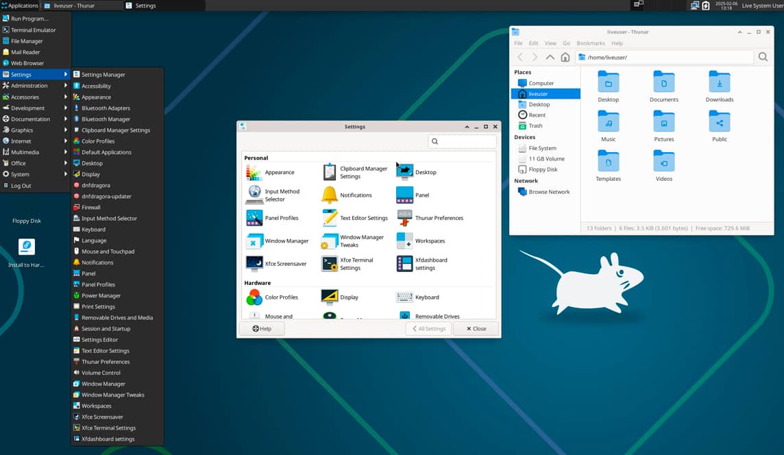 Captura de pantalla del entorno de escritorio Xfce que muestra el menú de aplicaciones, el administrador de archivos Thunar y la ventana de configuración del sistema.
