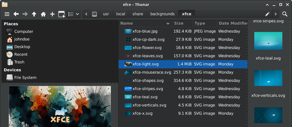 Captura de pantalla del entorno de escritorio Xfce mostrando el administrador de archivos Thunar con una lista de archivos de imagen.
