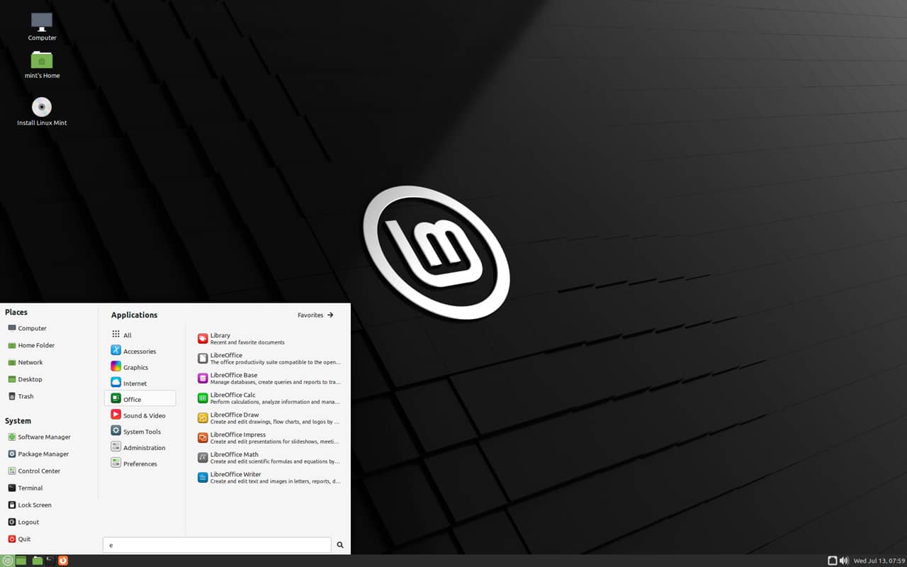 Captura de pantalla del entorno de escritorio MATE mostrando el menú de aplicaciones, el panel lateral y el fondo de escritorio.