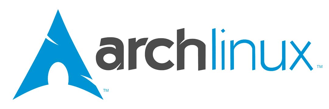 Logotipo de Arch Linux, mostrando un símbolo en forma de arco azul y la palabra "archlinux" en gris y azul.