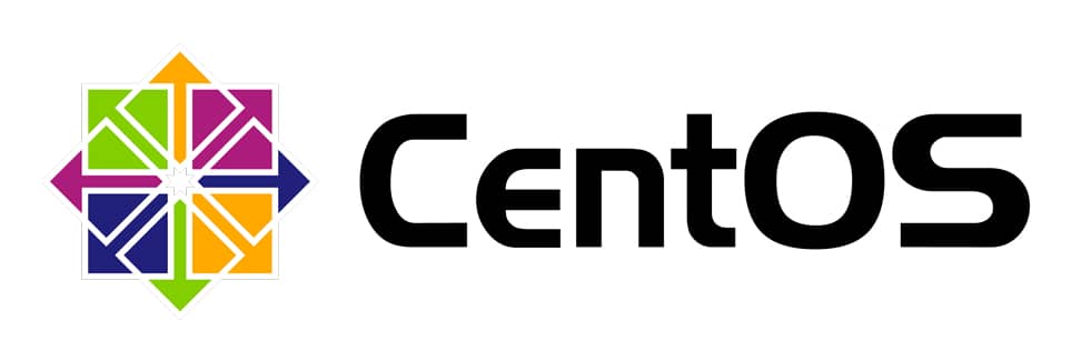 Logotipo de CentOS Linux, mostrando un símbolo cuadrado multicolor con flechas y el texto "CentOS" en negro.