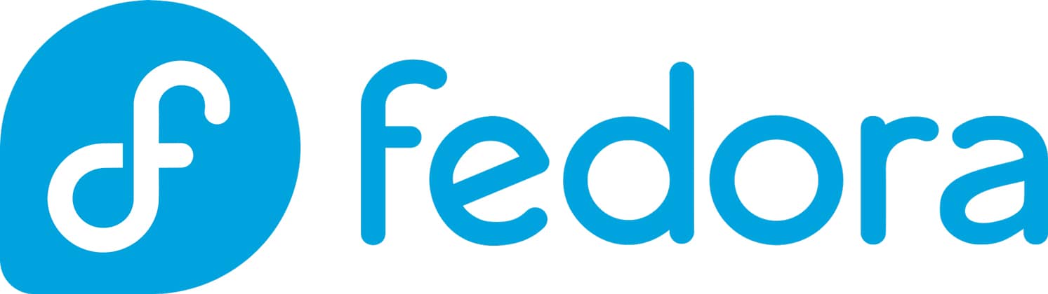 Logotipo de Fedora Linux, mostrando una "f" estilizada dentro de un círculo azul, junto a la palabra "Fedora" en azul.
