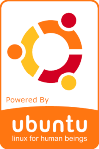 Logotipo de Ubuntu Linux, mostrando el símbolo de tres círculos entrelazados en naranja y rojo, con el texto "Powered By ubuntu linux for human beings" en la parte inferior.
