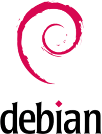 Logotipo de Debian Linux, mostrando un símbolo espiral de color rosa y la palabra "debian" en negro debajo.