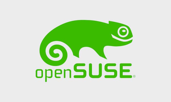 Logotipo de openSUSE, mostrando un camaleón verde estilizado con una cola en espiral y el texto "openSUSE" debajo.