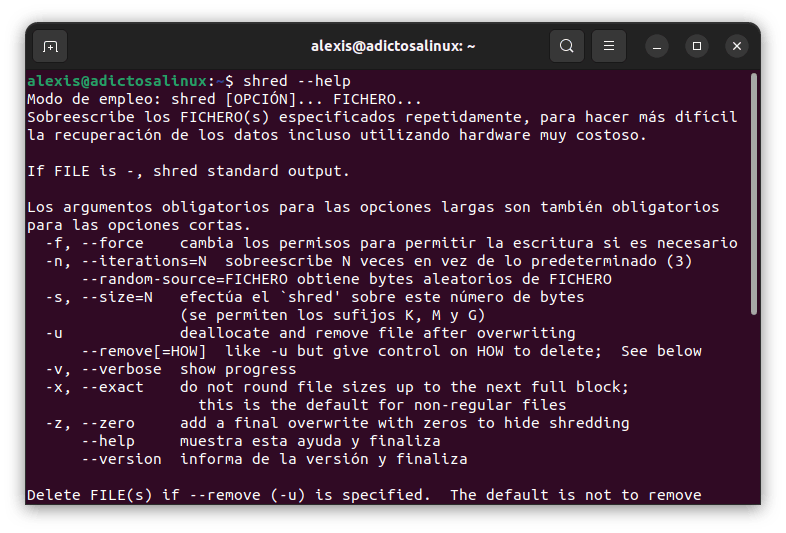 Captura de pantalla de la ayuda del comando shred en una terminal Linux, mostrando la sintaxis y las opciones disponibles.