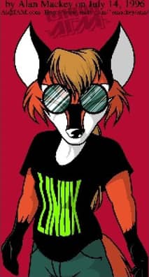 Ilustración de Xenia o LinuxFox, una figura antropomórfica de zorro con gafas de sol y una camiseta que dice "LINUX", sobre un fondo rojo.