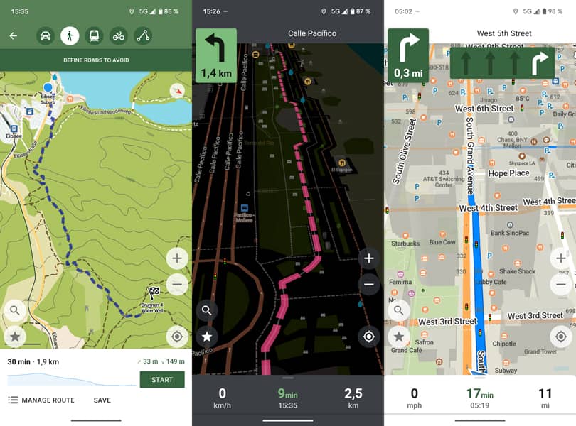 Tres capturas de pantalla de la aplicación de mapas CoMaps en un teléfono móvil, mostrando diferentes modos de navegación y rutas.