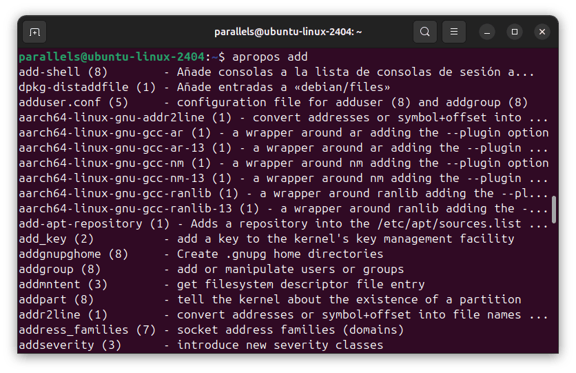 Captura de pantalla mostrando el resultado del comando apropos add en Linux, listando comandos relacionados con "add", útil para recordar comandos Linux que incluyen esa palabra clave.