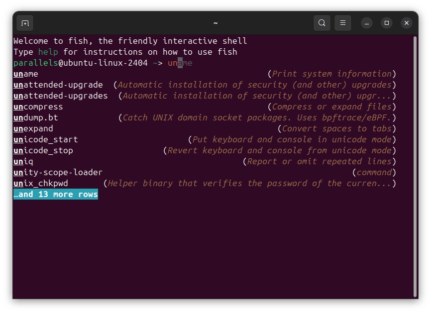 Captura de pantalla que muestra comandos disponibles en el Fish Shell de Linux, incluyendo opciones como uname, unattended-upgrade, y otros comandos para administración del sistema. Útil para recordar comandos Linux.