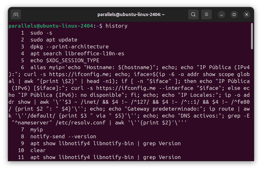 Captura de pantalla del historial de comandos Linux, útil para recordar comandos Linux usados recientemente, mostrando comandos como actualizaciones y configuración de red.
