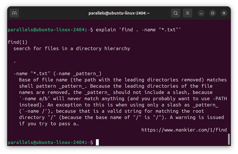 Captura de pantalla mostrando la explicación del comando find . -name "*.txt" en Linux usando explain, mostrando cómo buscar archivos .txt en el directorio actual.