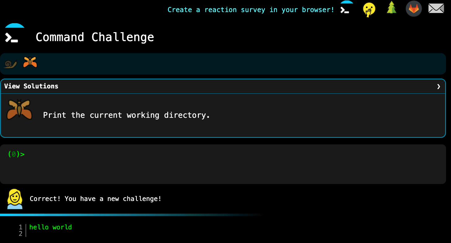 Captura de pantalla de Command Challenge, un juego en terminal para aprender comandos de Linux resolviendo desafíos. Se muestra un desafío y la confirmación de la solución correcta.
