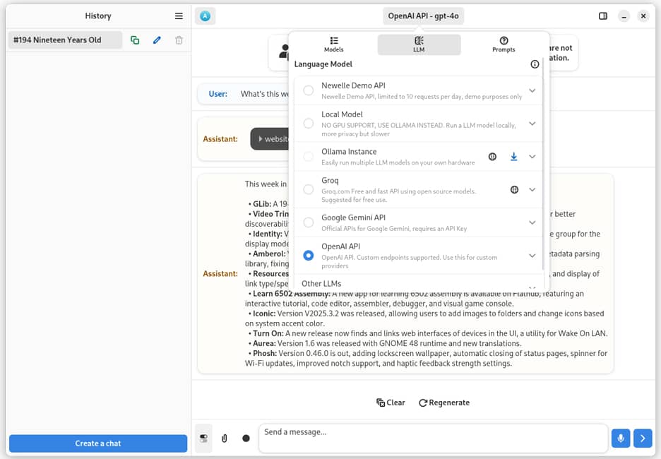 Panel de configuración de modelos LLM en Newelle, mostrando opciones de API y modelos locales.