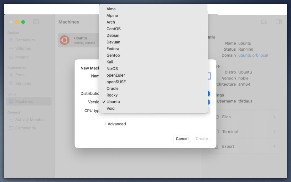 Interfaz de instalación de VM de Linux en OrbStack, mostrando la selección de distribuciones como Ubuntu para macOS.