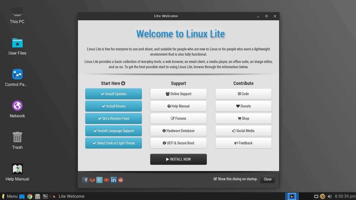 Linux Lite para equipos antiguos. Captura de pantalla de la ventana de bienvenida de Linux Lite, mostrando su interfaz sencilla e intuitiva, ideal para usuarios principiantes y equipos con pocos recursos.