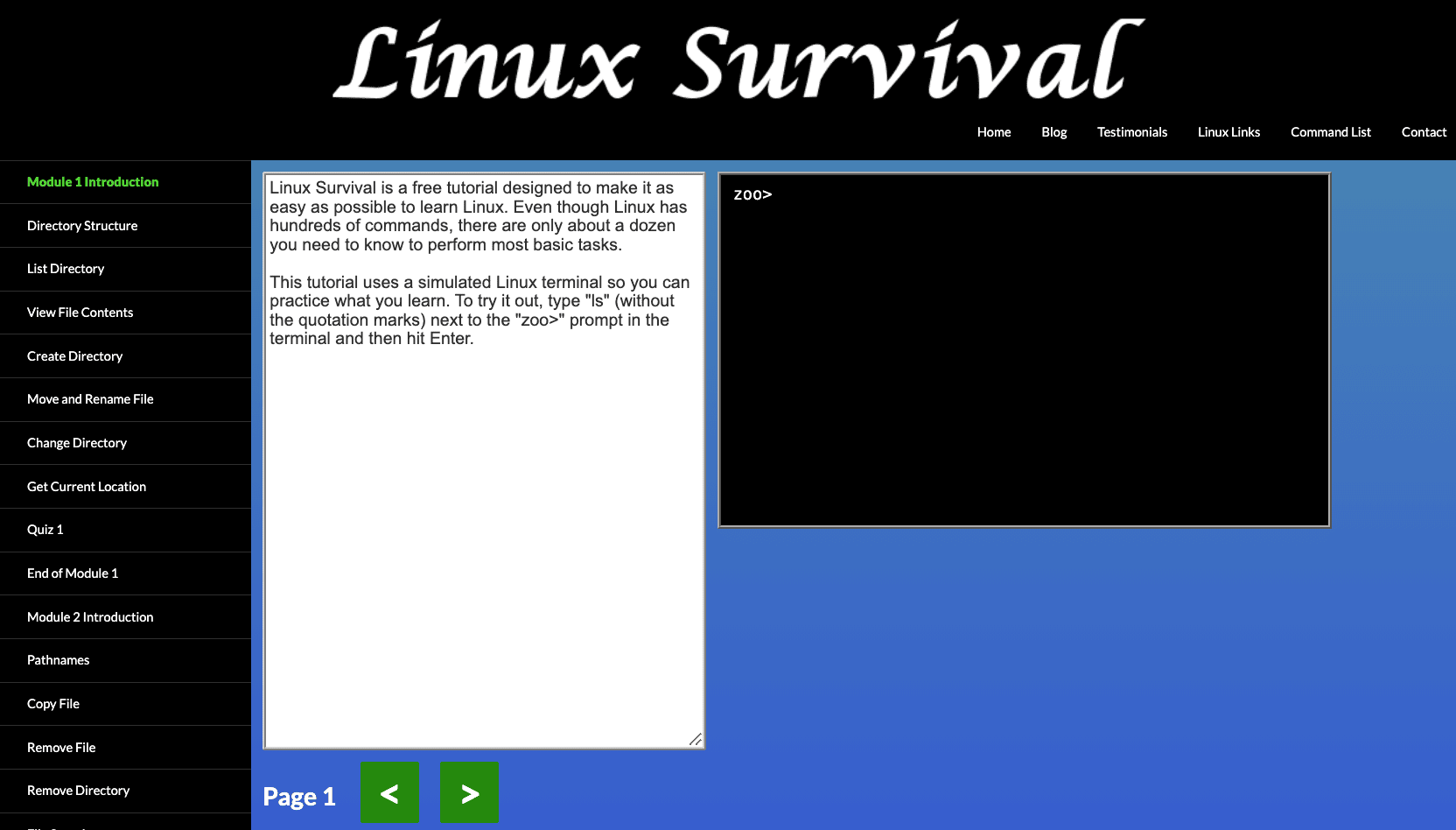 Ejemplo de herramienta juegos para aprender Linux. Captura de pantalla del tutorial interactivo "Linux Survival", mostrando un menú de lecciones y un emulador de terminal. 
