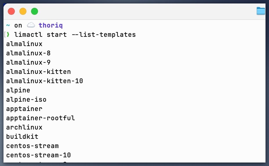 erminal mostrando la lista de plantillas de Linux para VM de Lima, con distros como Alpine, ArchLinux y CentOS.