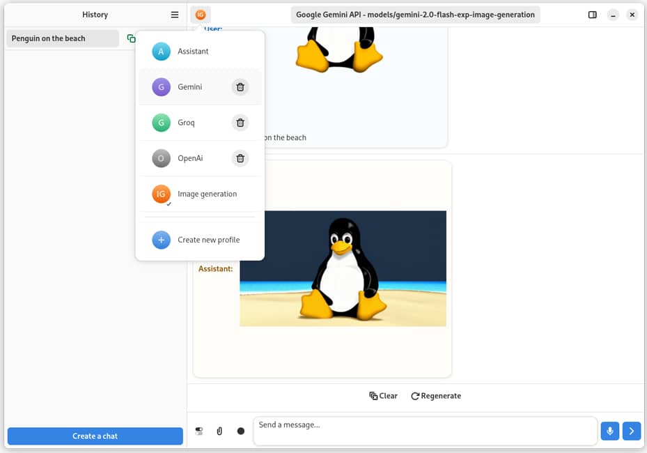 Interfaz de Newelle, el asistente IA para Linux, mostrando la generación de imágenes de pingüinos.