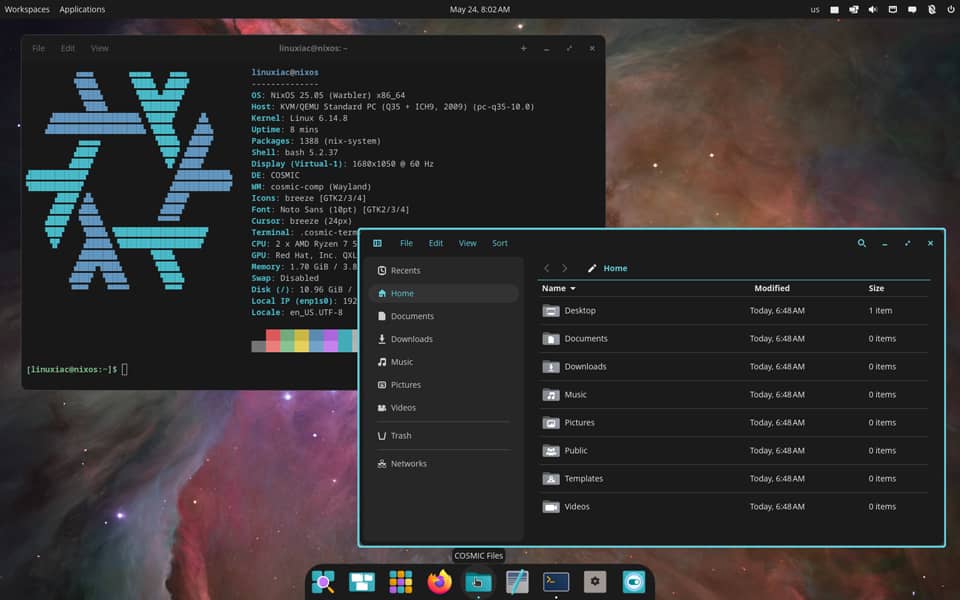 Captura de pantalla del escritorio de NixOS mostrando un terminal y un explorador de archivos. Ideal para desarrolladores que buscan control y reproducibilidad.