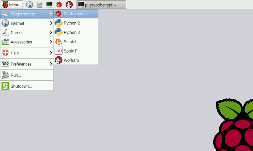 Menú de Raspbian OS mostrando opciones de programación como Python 2, Python 3, Scratch y Sonic Pi. Ideal para aprender a programar.