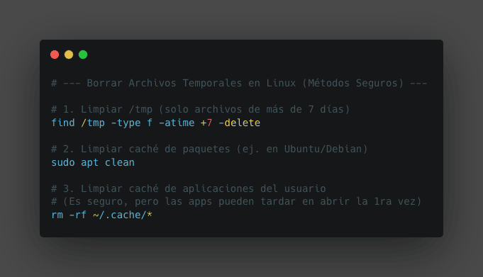 Pantallazo de terminal Linux mostrando comandos para borrar archivos temporales Linux y limpiar caché de forma segura.
