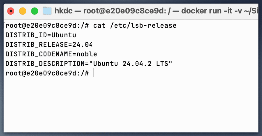 Terminal mostrando el shell de Ubuntu Linux en Docker. Se verifica Linux para Mac la versión 24.04.2 LTS.