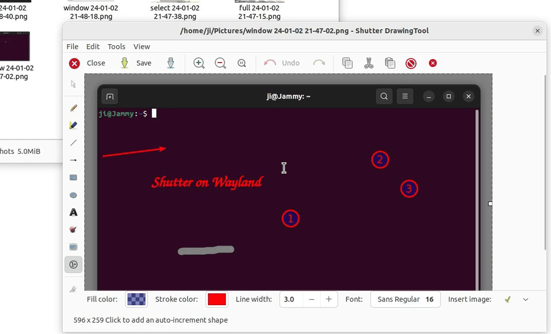 Captura de pantalla mostrando la herramienta de edición de Shutter en Linux después de tomar una captura. Se ven opciones de dibujo y edición.