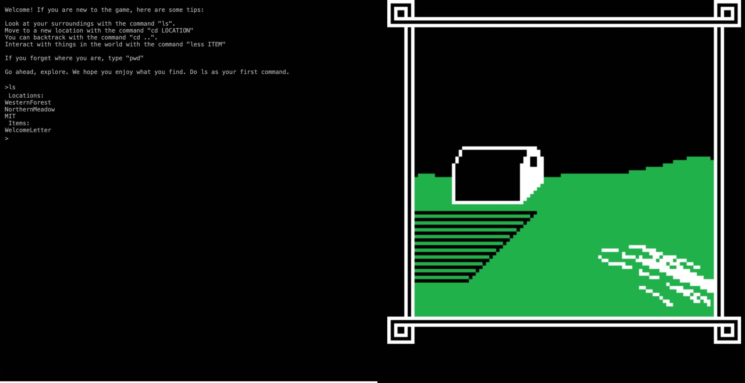 Captura de pantalla de Terminus, un juego educativo basado en terminal que simula una aventura de texto. Se muestra la interfaz de texto y una representación gráfica simple del entorno del juego.