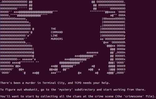 Captura de pantalla del juego "The Command Line Murders", un juego de misterio en terminal donde aprendes Linux resolviendo crímenes. Se muestra el texto introductorio y gráficos ASCII.