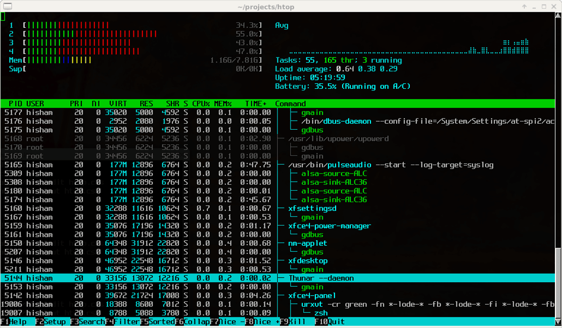 Captura de pantalla de la interfaz de htop, mostrando información detallada del uso de recursos del sistema.