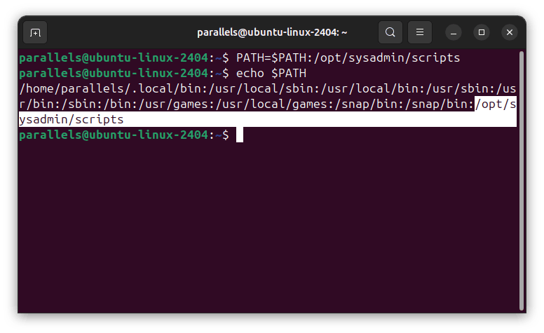 Terminal de Linux mostrando cómo añadir un directorio a PATH de forma temporal, con el comando y la verificación del resultado.