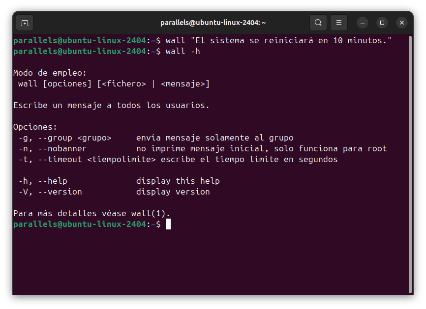 Ejemplo de uso del comando wall en Linux para enviar un mensaje masivo.