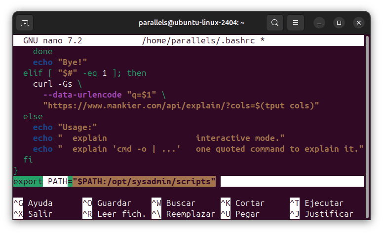 Imagen del editor Nano modificando el archivo .bashrc para establecer las PATH variables en Linux de forma permanente.