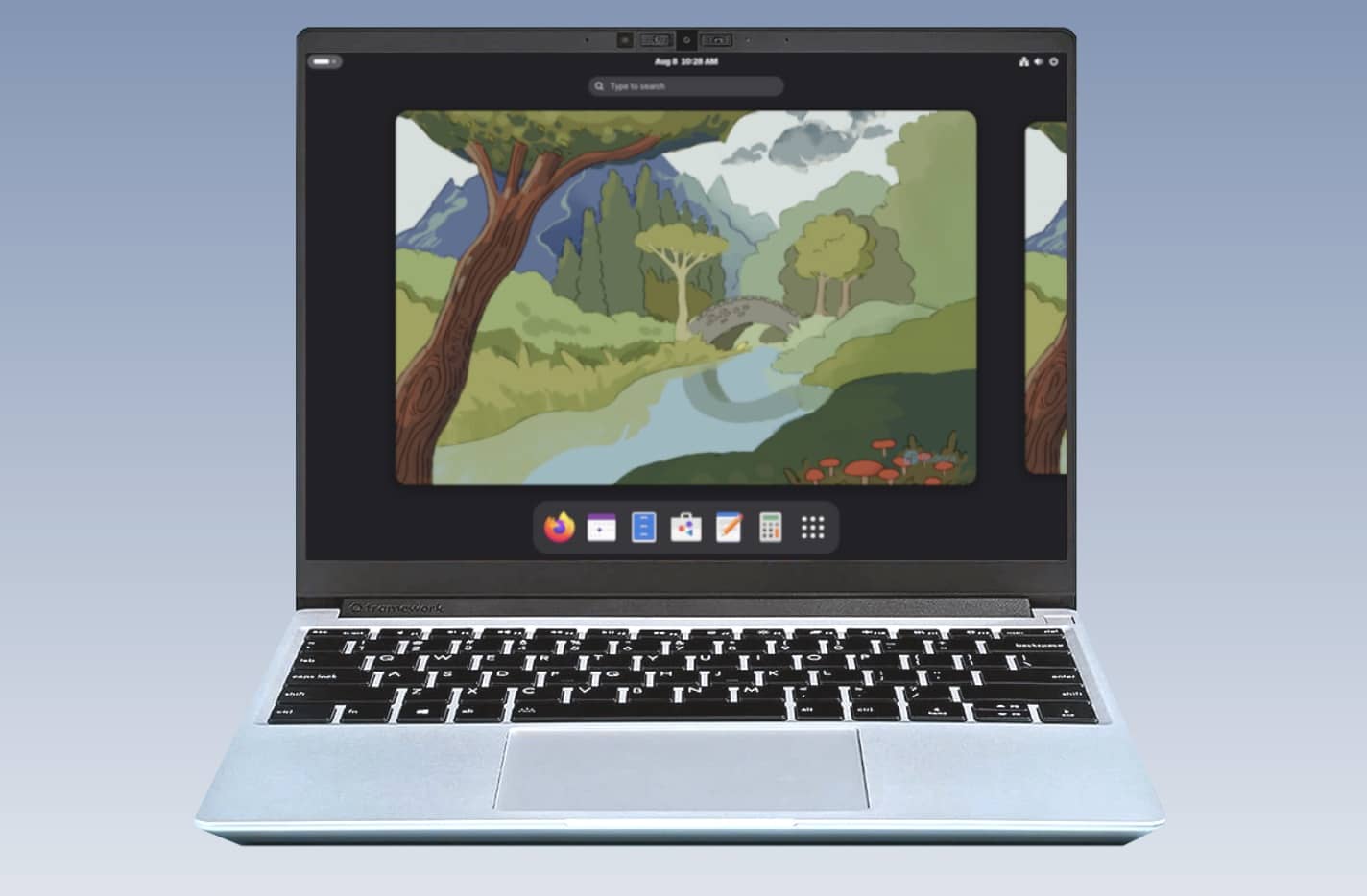 Un portátil moderno ejecutando Fedora Silverblue, un innovador sistema Linux inmutable, mostrando su elegante escritorio GNOME.