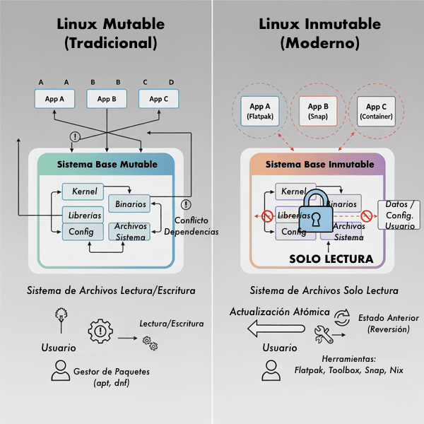 Infografía que compara la arquitectura de Linux Mutable vs Linux Inmutable, destacando la gestión de apps y dependencias.