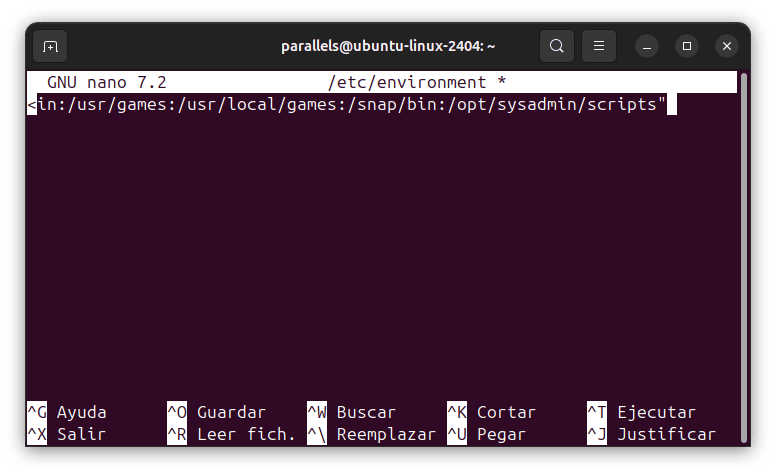 Editor Nano mostrando el uso del archivo /etc/environment para configurar las variables PATH en Linux de forma global.